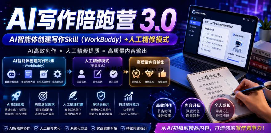 AI写作陪跑营3.0，Ai智能体创建写作skill(workbuddy)+人工手写模式(手搓模式)，去除AI痕迹(头条号、公众号、百家号)-逐梦项目网