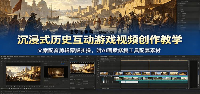 沉浸式历史互动游戏视频创作教学:文案配音剪辑蒙版实操,附AI画质修复工具配套素材-逐梦项目网