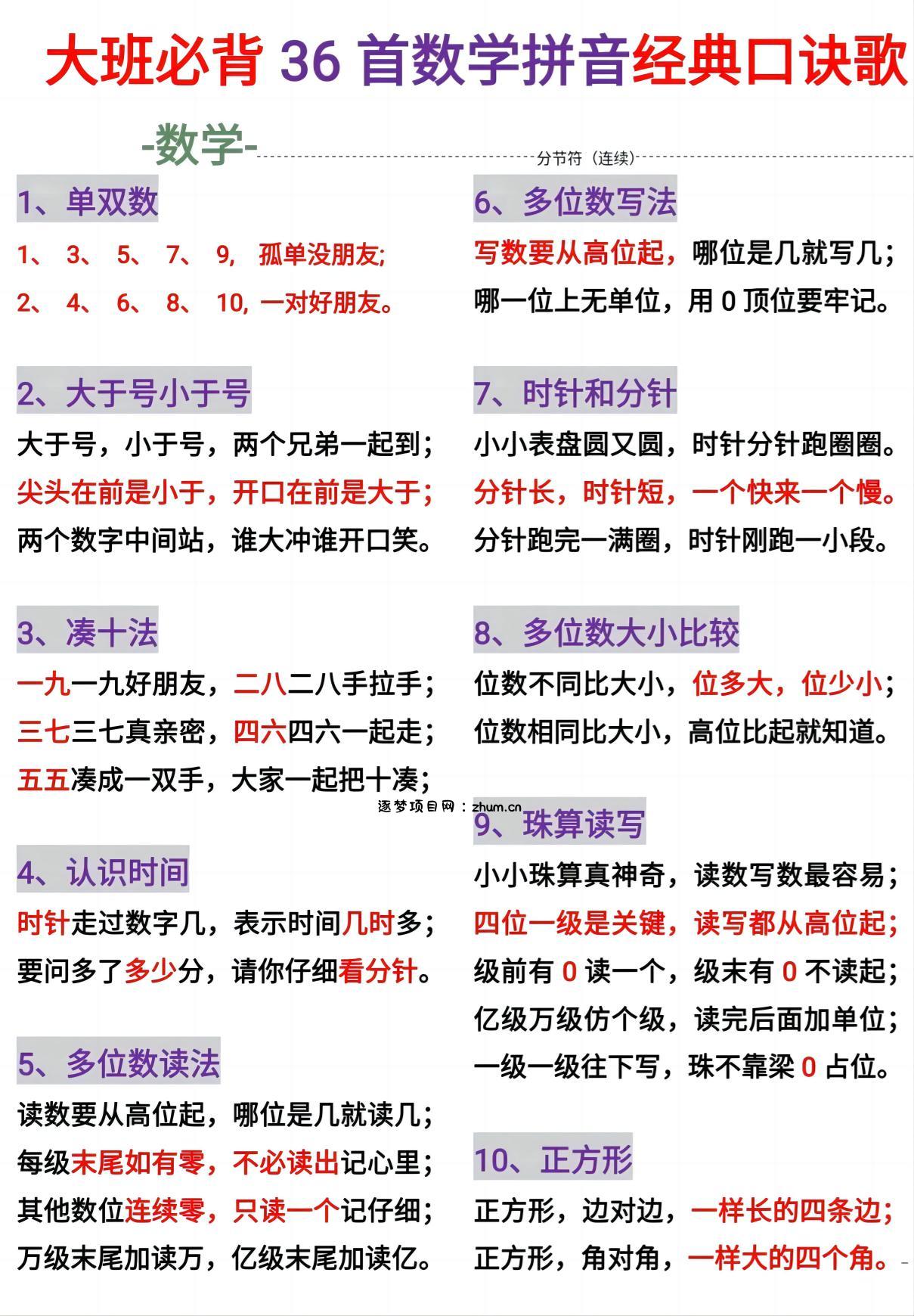 幼小衔接必背36首数学拼音百科经典口诀儿歌-逐梦项目网