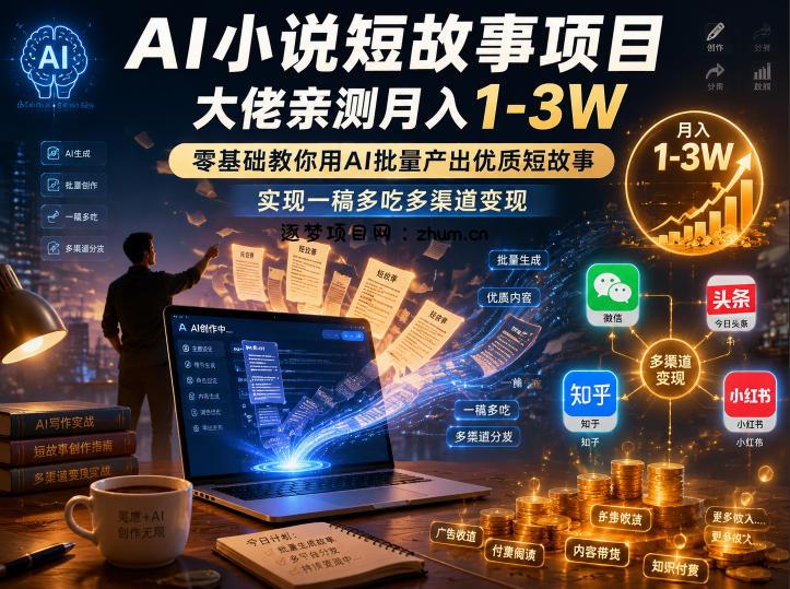 AI小说短故事项目，大佬亲测月入1-3W，零基础教你用AI批量产出优质短故事，实现一稿多吃多渠道变现(更新0624)-逐梦项目网