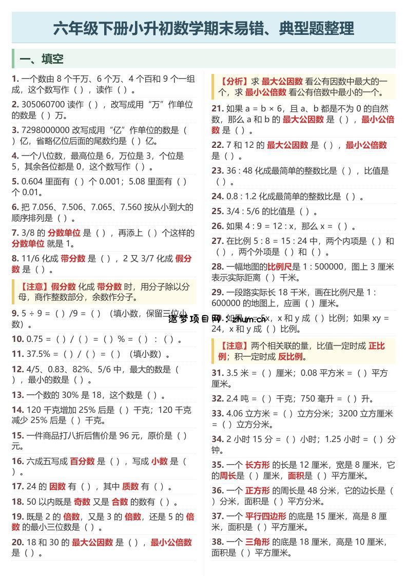 六年级下数学期末常考易错、典型题整理-逐梦项目网