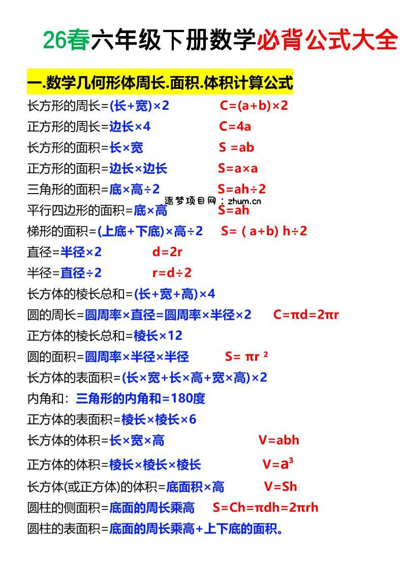 26春六年级下数学期末必背公式大全-逐梦项目网