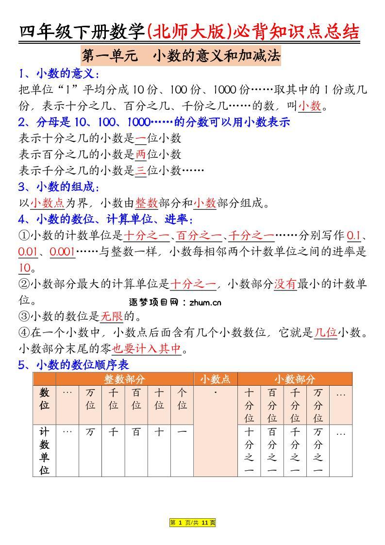 四年级下数学知识要点归纳《北师版》-逐梦项目网