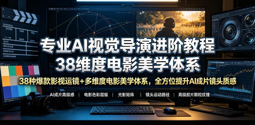 专业AI视觉导演进阶教程，38种爆款影视运镜+多维度电影美学体系，全方位提升AI成片高级感与镜头质感-逐梦项目网