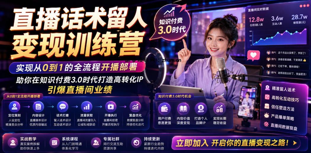 直播话术留人变现训练营，实现从0到1的全流程开播部署，助你在知识付费3.0时代打造高转化IP，引爆直播间业绩-逐梦项目网
