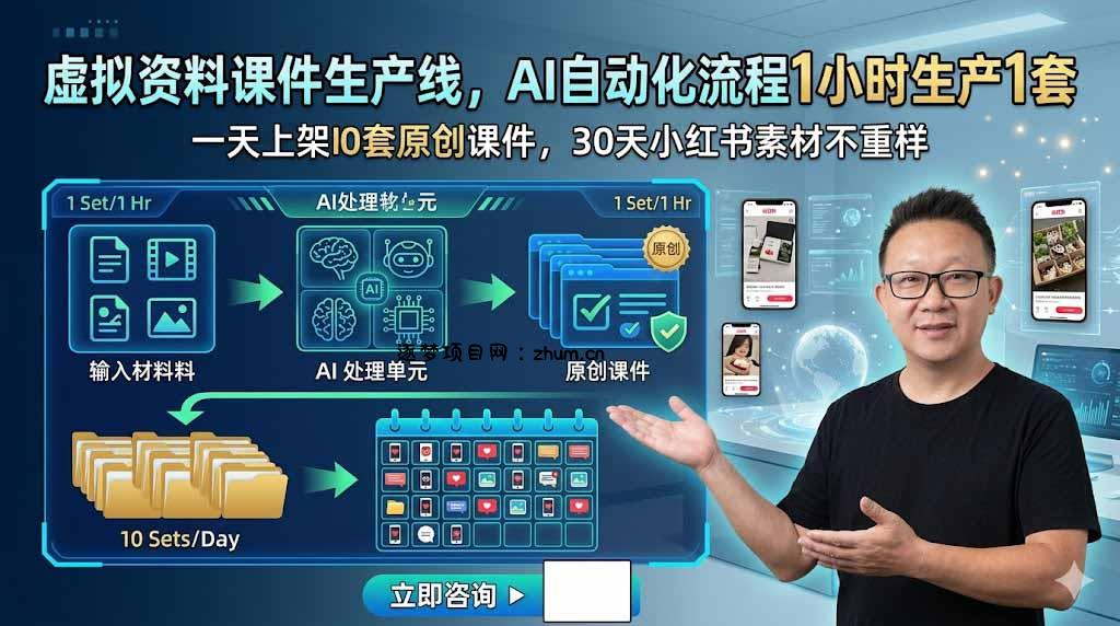 虚拟资料课件生产线，AI自动化流程1小时生产1套，一天上架10套原创课件，30天小红书素材不重样-逐梦项目网