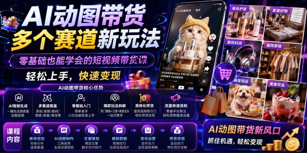AI动图带货多个赛道新玩法，零基础也能学会的短视频带货课，轻松上手，快速变现-逐梦项目网
