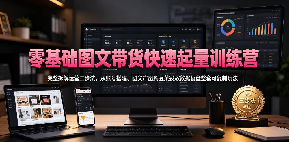 零基础图文带货快速起量训练营，完整拆解运营三步法，从账号搭建、图文产出到豆荚投放数据复盘整套可复制玩法-逐梦项目网