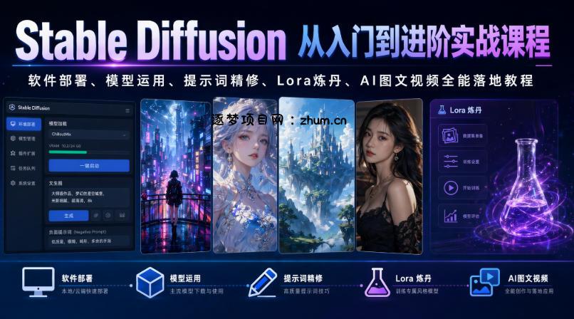 Stable Diffusion从入门到进阶实战课程|软件部署、模型运用、提示词精修、Lora炼丹、AI图文视频全能落地教程