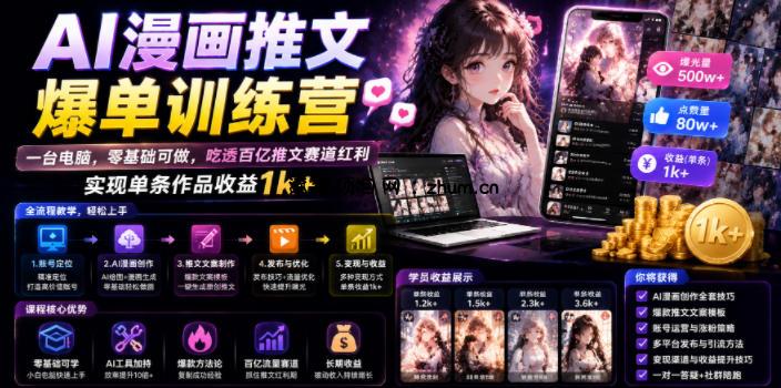 AI漫画推文爆单训练营,一台电脑,零基础可做,吃透百亿推文赛道红利,实现单条作品收益1k+