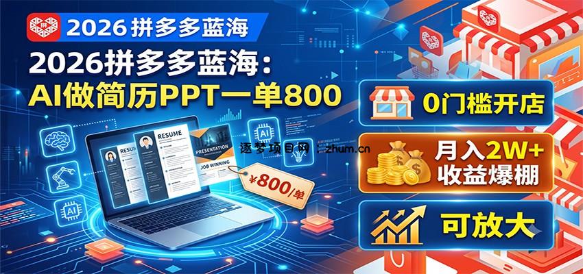 2026拼多多蓝海：AI做简历PPT一单800，0门槛开店，月入2W+，可放大-逐梦项目网