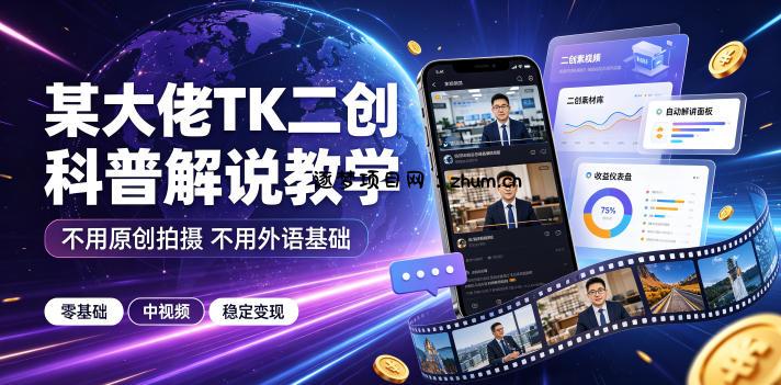 某大佬TK二创科普解说教学，不用原创拍摄不用外语基础，零基础做TikTok中视频稳定变现-逐梦项目网