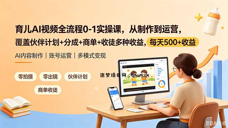 育儿AI视频全流程0-1实操课，从制作到运营，覆盖伙伴计划+分成+商单+收徒多种收益，每天500+收益-逐梦项目网