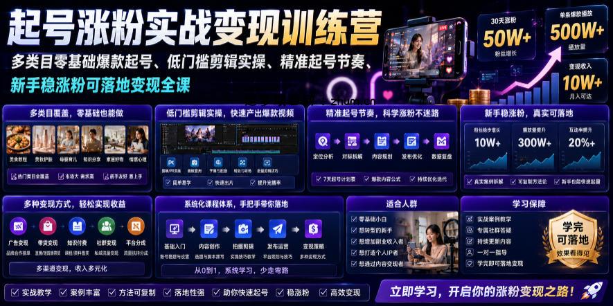 苗子起号涨粉实战变现训练营，多类目零基础爆款起号、精准起号节奏、新手稳涨粉可落地变现全课-逐梦项目网
