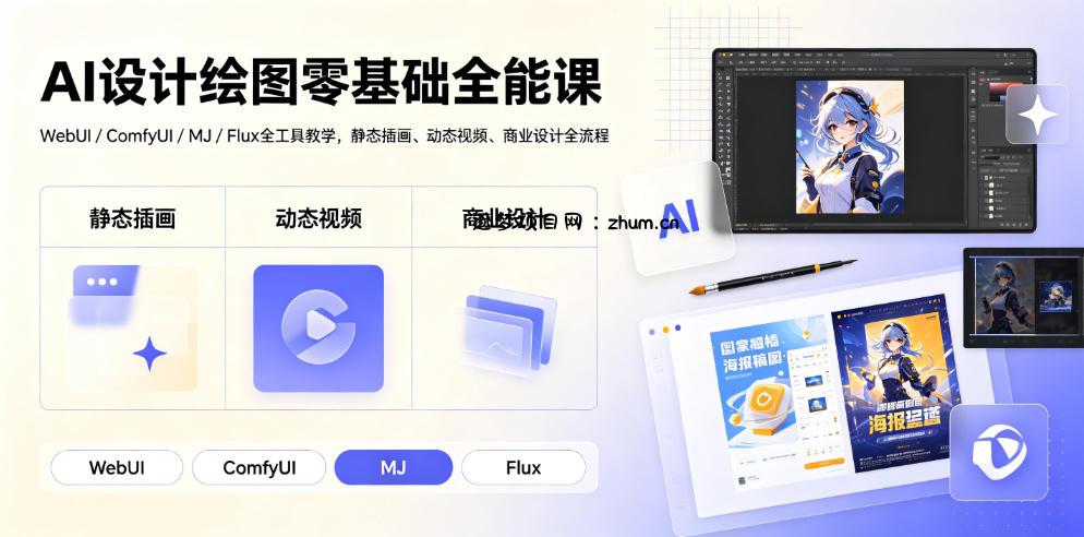 AI设计绘图零基础全能课｜WebUI/ComfyUI/MJ/Flux全工具教学，静态插画、动态视频、商业设计全流程-逐梦项目网