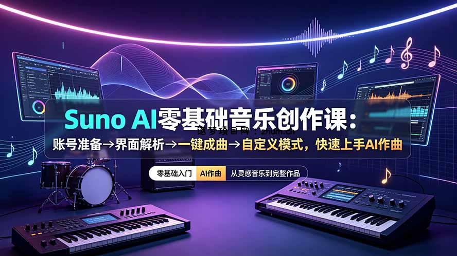 Suno AI零基础音乐创作课：账号准备→界面解析→一键成曲→自定义模式，快速上手AI作曲-逐梦项目网