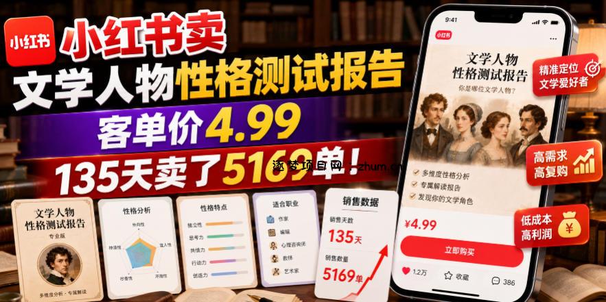 小红书卖文学人物性格测试报告,客单价4.99,135天卖了5169单!