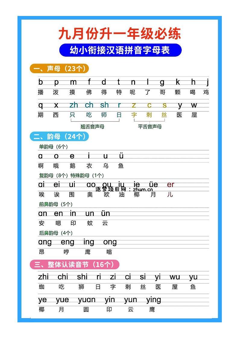 26秋一年级上册语文暑假预习拼音知识-逐梦项目网