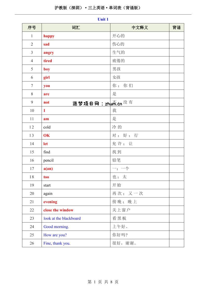 沪教版（深圳）·三上英语·单词表（背诵版）-逐梦项目网