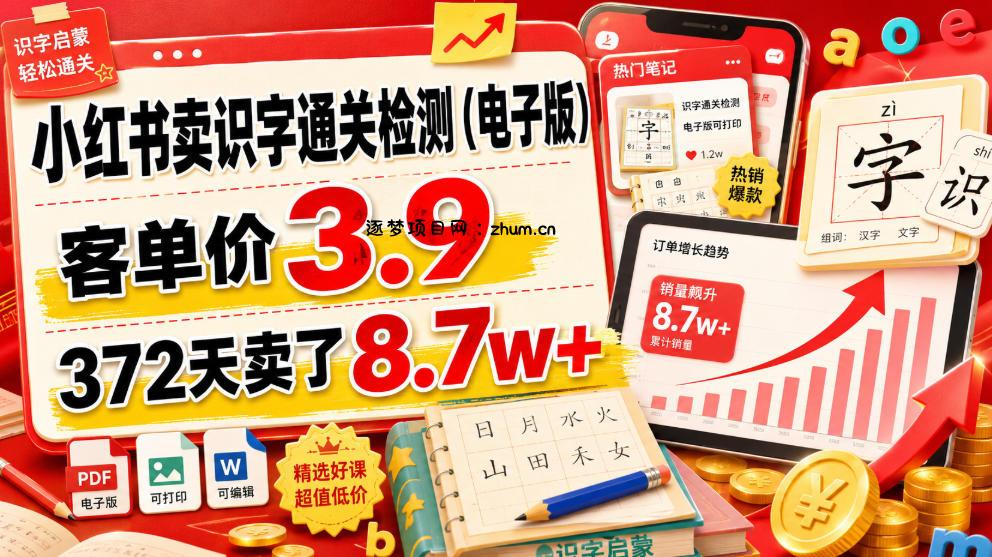 小红书卖识字通关检测(电子版),客单价3.9,372天卖了8.7w+-逐梦项目网