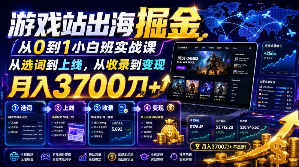 游戏站出海掘金从0到1小白实战课，从选词到上线，从收录到变现，月入3700刀+-逐梦项目网