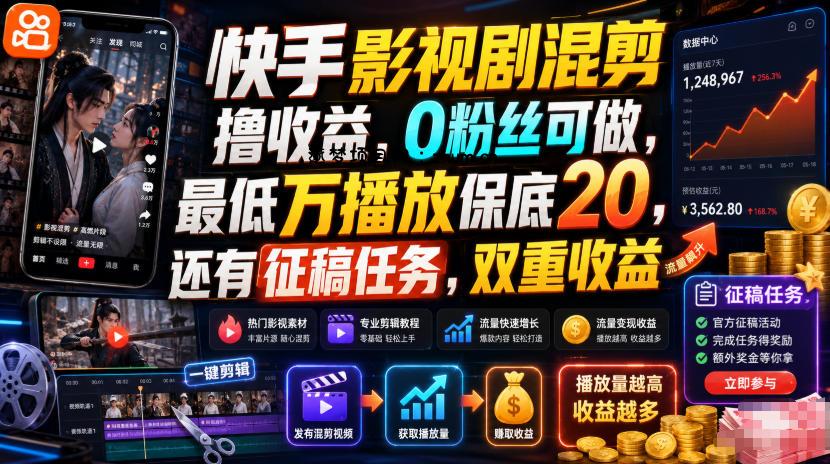 快手影视剧混剪撸收益,0粉丝可做,最低万播放保底20,还有征稿任务,双重收益