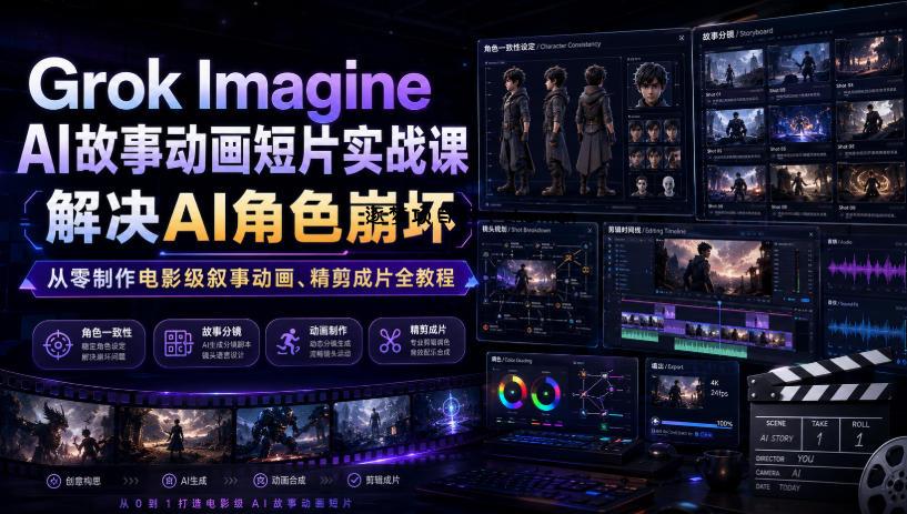 Grok Imagine AI故事动画短片实战课｜解决AI角色崩坏，从零制作电影级叙事动画、精剪成片全教程(中英字幕)-逐梦项目网