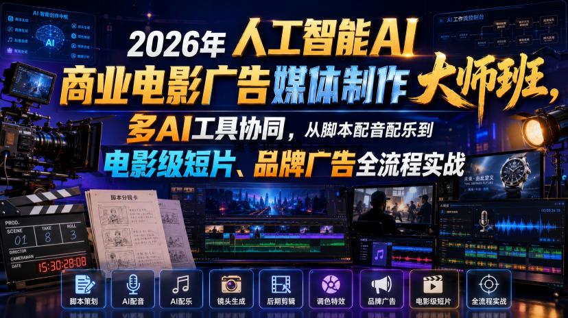 2026年人工智能AI商业电影广告媒体制作大师班，多AI工具协同，从脚本配音配乐到电影级短片、品牌广告全流程实战(中英字幕)-逐梦项目网
