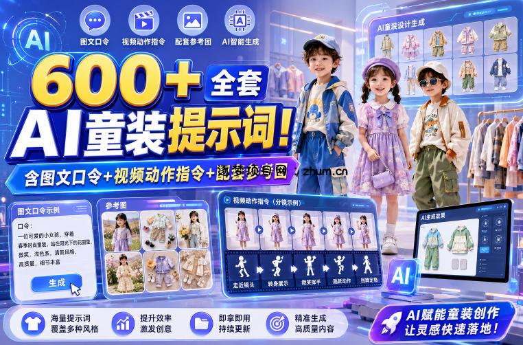 600+全套AI童装提示词！含图文口令+视频动作指令+配套参考图，Word-Excel规整分类，童装电商、种草无脑量产内容！-逐梦项目网