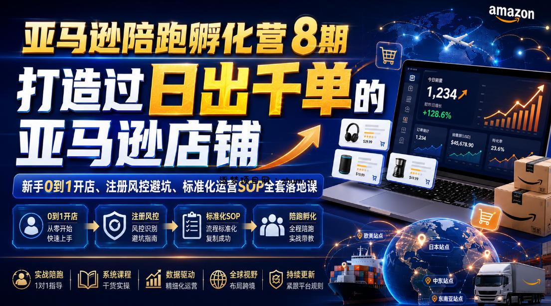 亚马逊陪跑孵化营8期,打造过日出千单的亚马逊店铺,新手0到1开店、注册风控避坑、标准化运营SOP全套落地课