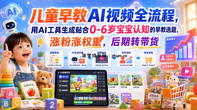 儿童早教AI视频全流程，用AI工具生成贴合0-6岁宝宝认知的早教选题，涨粉涨权重，后期转带货-逐梦项目网