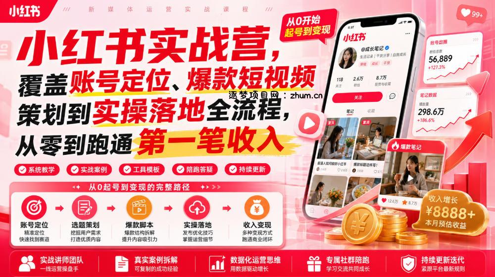 小红书实战营,覆盖账号定位、爆款短视频策划到实操落地全流程,从零到跑通第一笔收入