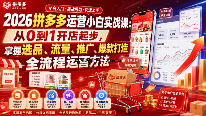 2026拼多多运营小白实战课:从0到1开店起步,掌握选品、流量、推广、爆款打造全流程运营方法