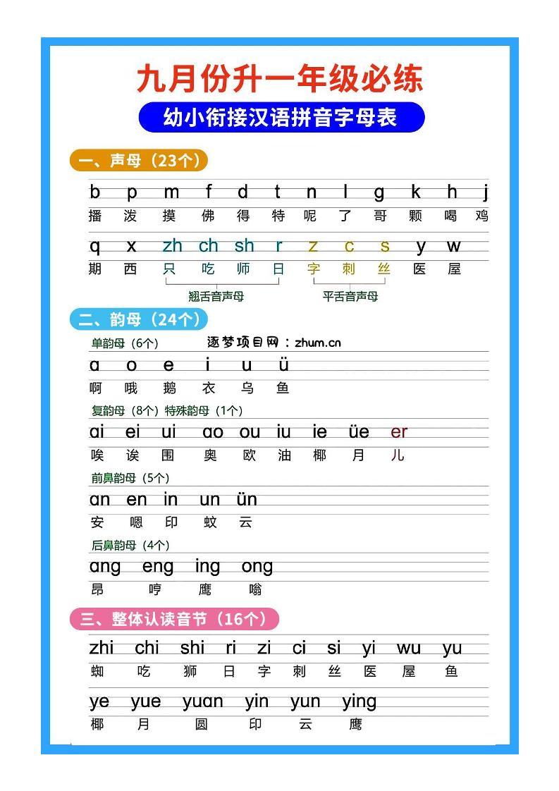 一年级上语文必练幼小衔接汉语拼音字母表-逐梦项目网
