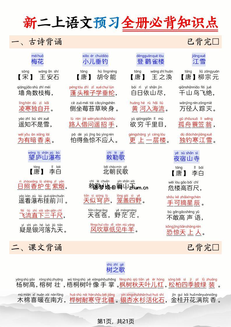 26新二上语文暑假预习全册必背知识点21页-逐梦项目网