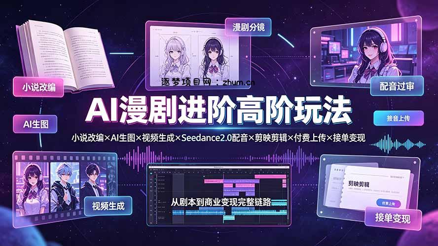 AI漫剧进阶高阶玩法：小说改编×AI生图×视频生成×Seedance2.0配音×剪映剪辑×付费上传×接单变现-逐梦项目网