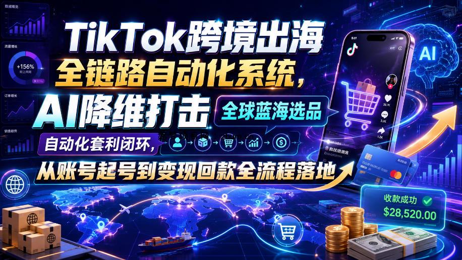 TikTok跨境出海全链路自动化系统，AI降维打击全球蓝海选品自动化套利闭环，从账号起号到变现回款全流程落地(2026年7月)-逐梦项目网