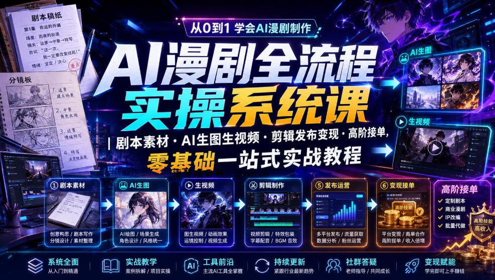 AI漫剧全流程实操系统课｜剧本素材・AI生图生视频・剪辑发布变现・高阶接单，零基础一站式实战教程-逐梦项目网