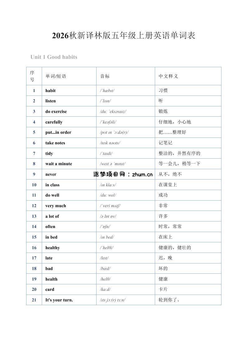 2026秋新译林版五年级上册英语单词表1-逐梦项目网