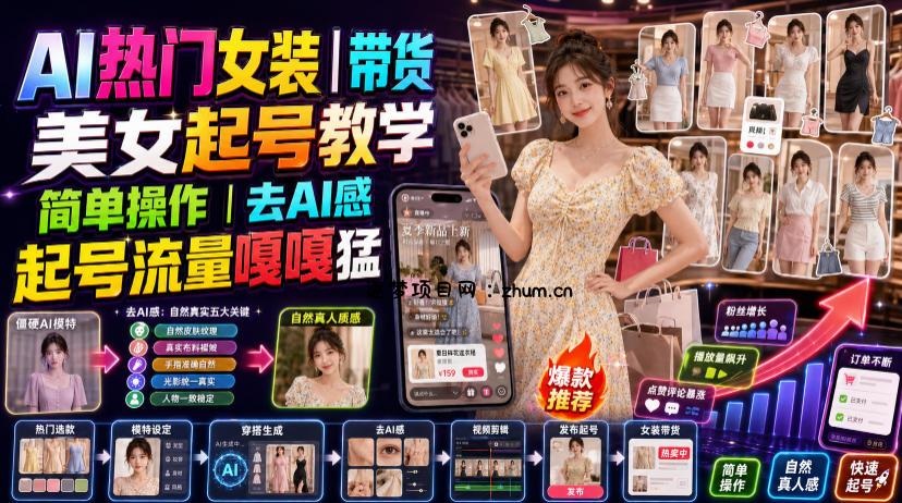 AI热门女装带货丨美女起号教学，简单操作，去AI感，起号流量嘎嘎猛-逐梦项目网