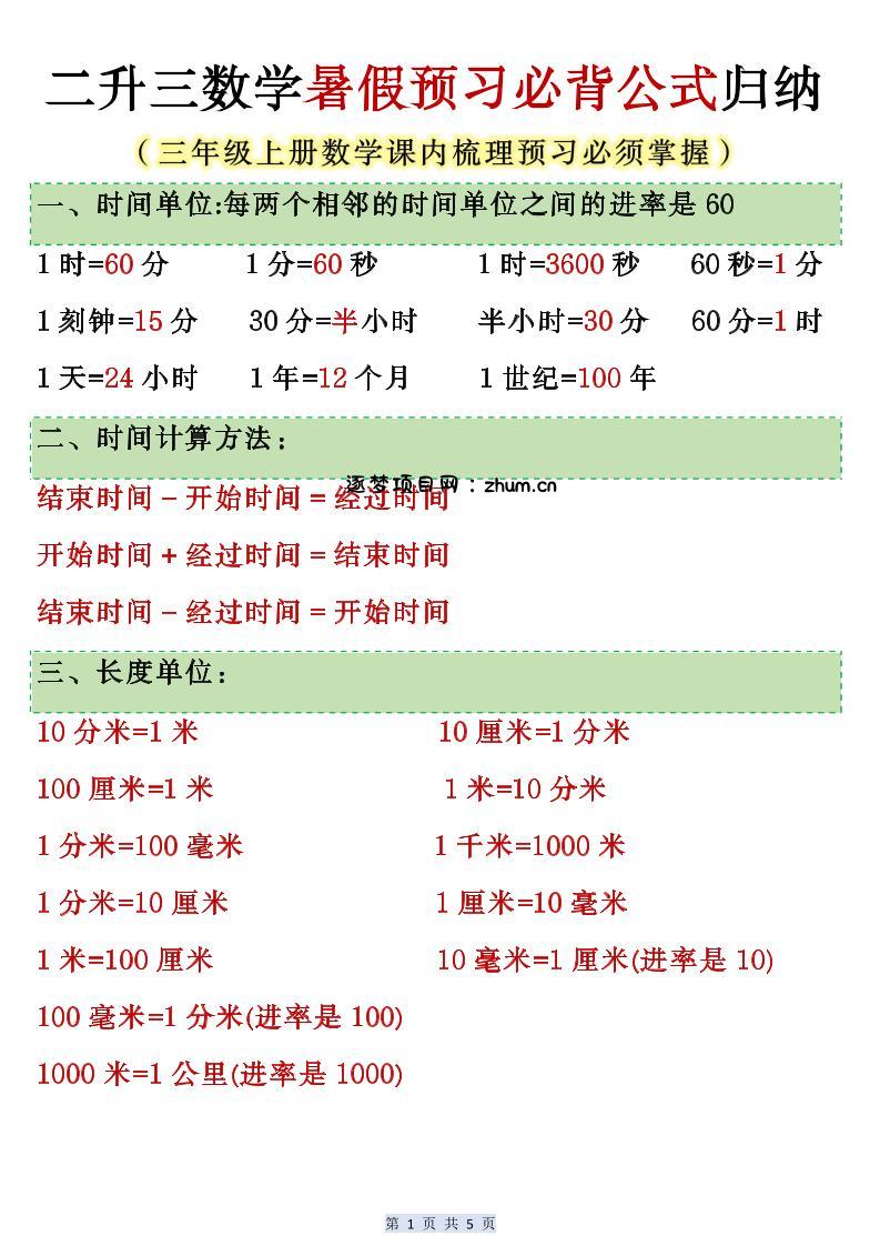 人教版二升三数学暑假预习必背公式归纳-三上数学-逐梦项目网