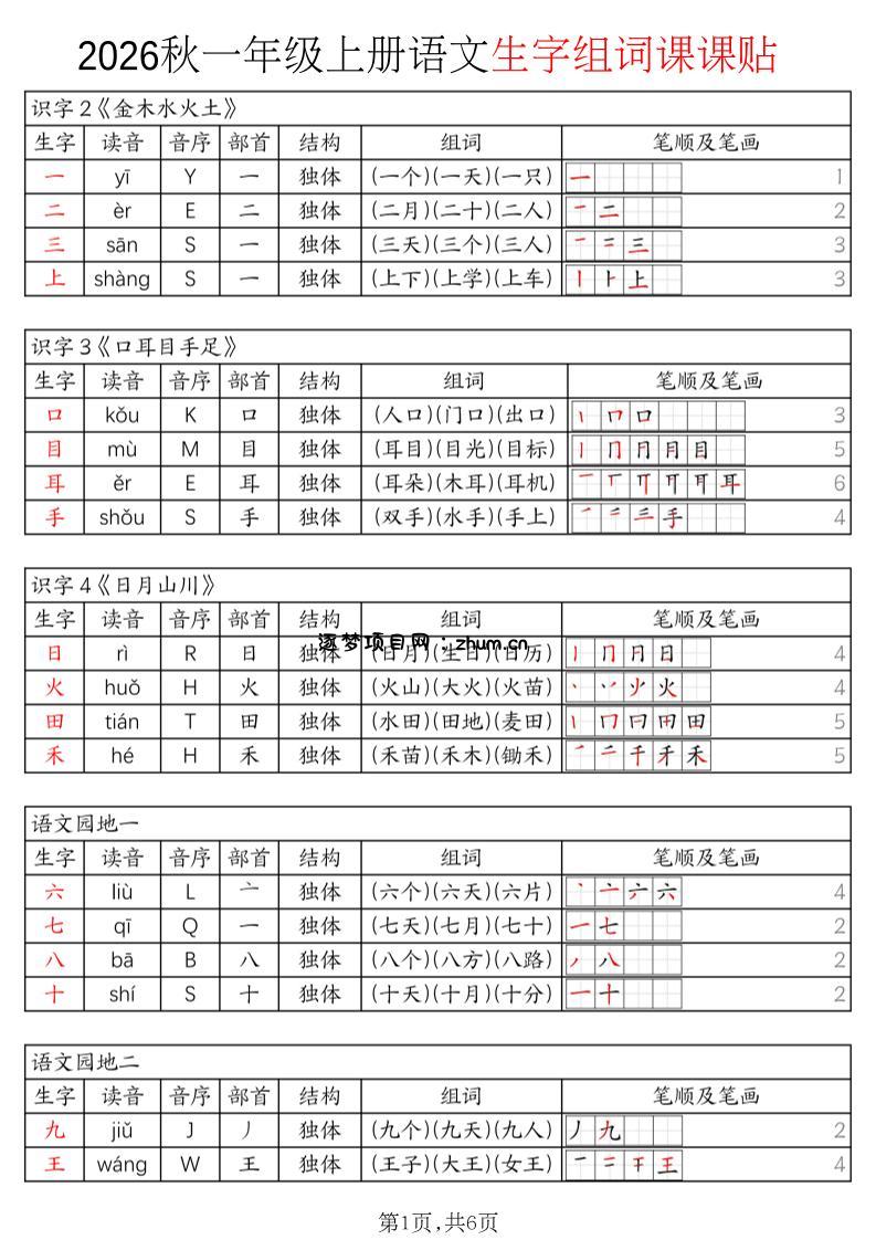 2026秋一上语文暑假预习《生字组词课课贴》-逐梦项目网