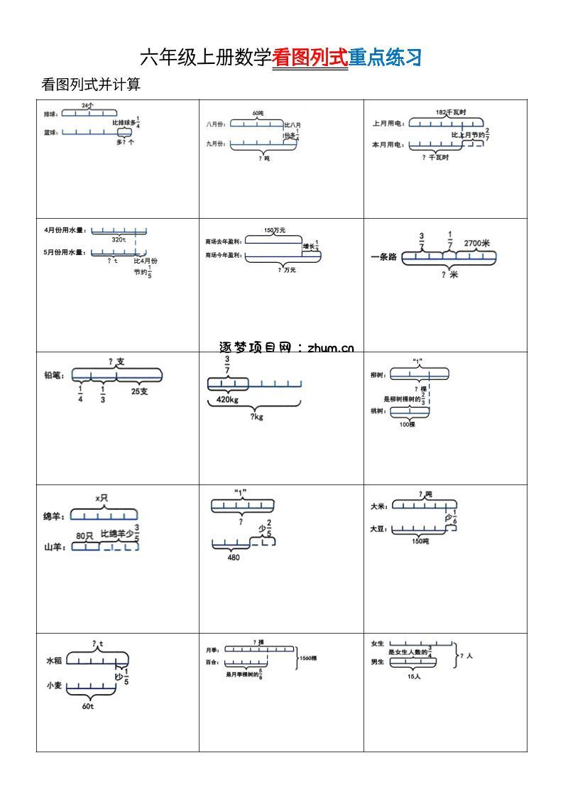 六上数学看图列式单位“1”专项练习-逐梦项目网