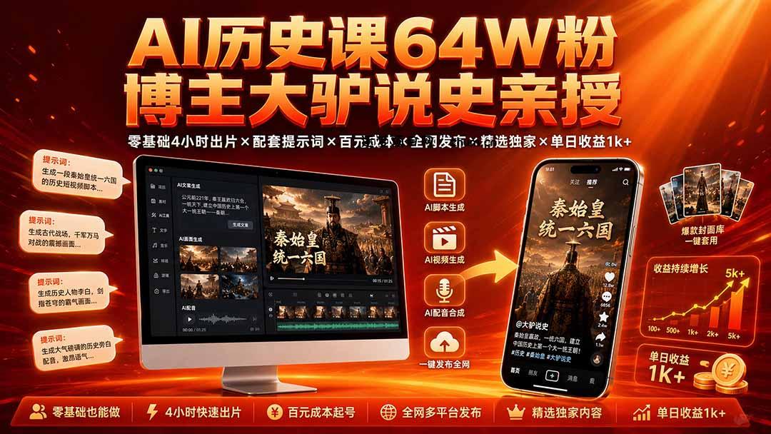 AI历史课64W粉博主大驴说史亲授:零基础4小时出片×配套提示词×百元成本×全网发布×精选独家×单日收益1k+-逐梦项目网