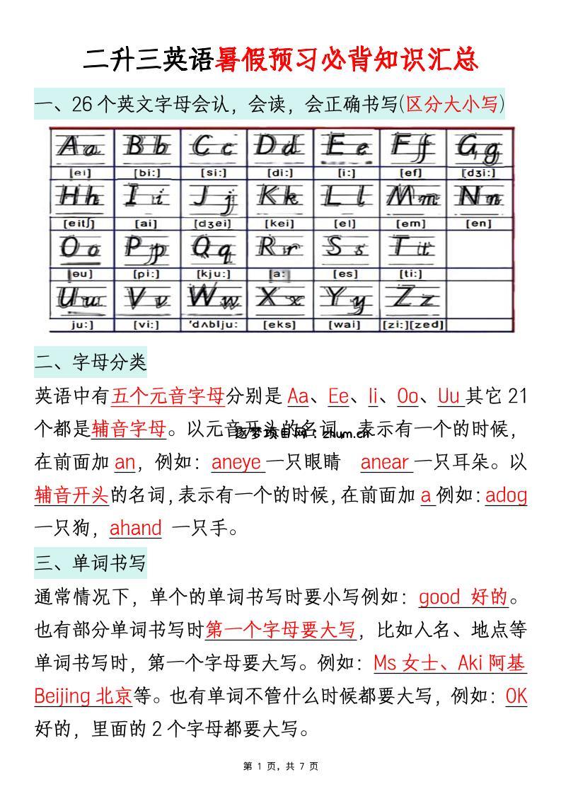 二升三英语暑假预习必背知识汇总通用版-三上英语-逐梦项目网