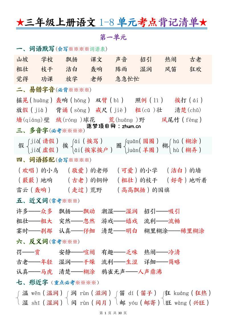 新三上语文1-8单元考点背记清单30页-逐梦项目网