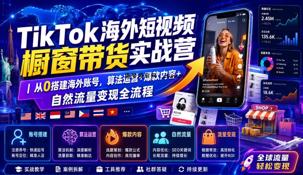 TikTok海外短视频橱窗带货实战营|从0搭建海外账号,算法运营+爆款内容+自然流量变现全流程-逐梦项目网