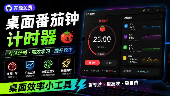 仅1.16MB,开源极简的桌面时钟、番茄钟计时器,还支持系统监控显示,桌面效率小工具Catime-逐梦项目网