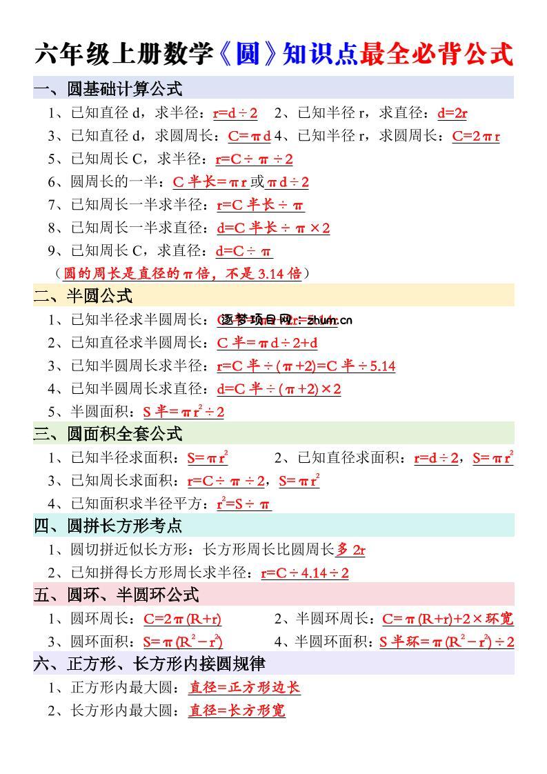 新六年级上册数学《圆》知识点必背公式-逐梦项目网