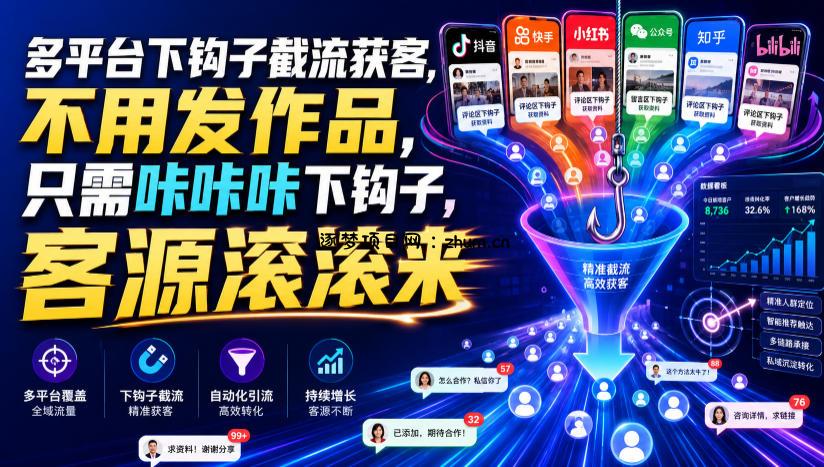 多平台下钩子截流获客,不用发作品,只需咔咔咔下钩子,客源滚滚来-逐梦项目网